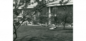 Students lounging outdoors on the Haverhill Campus, circa 1980-1990s.