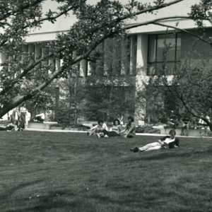 Students lounging outdoors on the Haverhill Campus